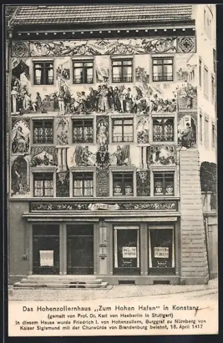 AK Konstanz, Hohenzollernhaus Zum Hohen Hafen, Fassadenmalerei