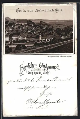 Lithographie Schwäbisch Hall, Stadtansicht mit Schloss und Altstadt
