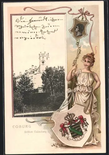 Passepartout-Lithographie Coburg, Schloss Callenberg, Wappen