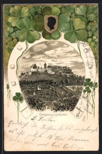 Passepartout-Lithographie Coburg, Veste Coburg, Kleeblätter und Wappen
