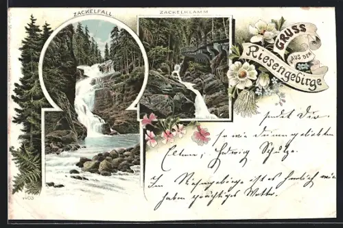 Lithographie Zackelklamm / Riesengebirge, Zackelfall