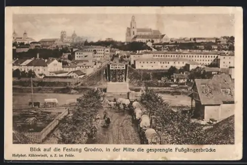 AK Grodno, Blick auf die gesprengte Fussgängerbrücke