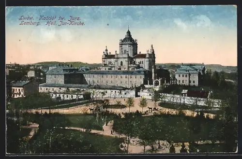 AK Lwów / Lemberg, Kósciol sw. jura, Heil. Jura-Kirche mit Park