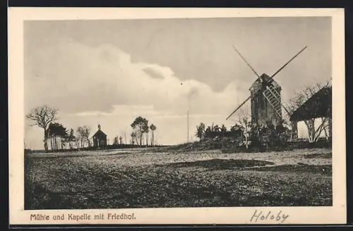 AK Windmühle mit Kapelle und Friedhof