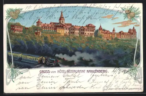 Lithographie Wien, Hotel-Restaurant Kahlenberg mit Lokomotive
