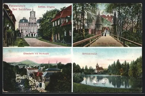 AK Bad Salzbrunn, Elisenhalle mit Hochwald, Schloss, Alte Burg