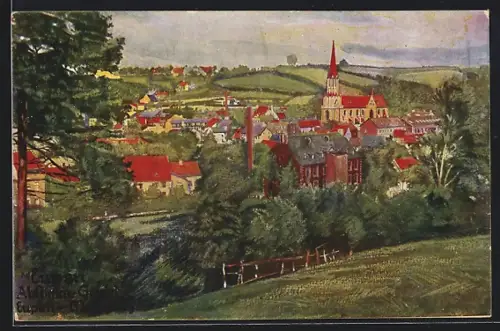Künstler-AK Eupen, Panorama mit Kirche