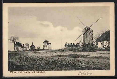 AK Windmühle mit Kapelle und Friedhof
