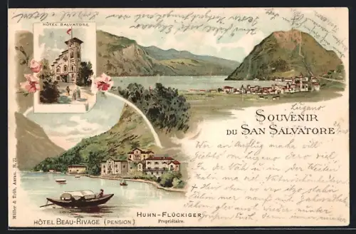 Lithographie Lugano, San Salvatore, Hotel Beau-Rivage, Hotel Salvatore, Gesamtansicht der Stadt