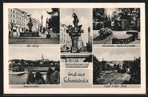 AK Schweidnitz, Neptunbrunnen mit Dreifaltigkeitsschule, Platz, Richthofen-Gedächtnisstätte