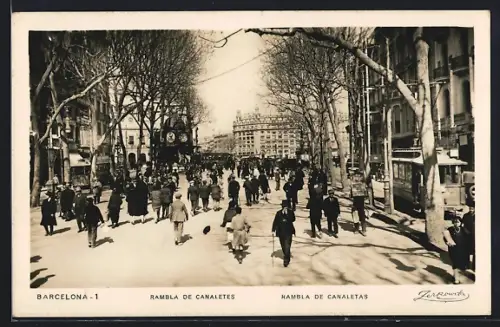 AK Barcelona, Rambla de Canaletes, Strassenbahn