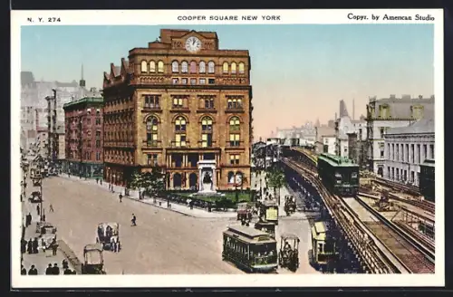 AK New York, NY, Cooper Square, Strassenbahn