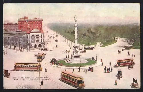 AK New York, NY, Circle Entrance to Central Park, Columbus Statue, Strassenbahn