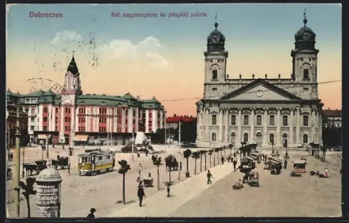 AK Debreczen, Ref. nagytemplom és püspöki palota, Strassenbahn