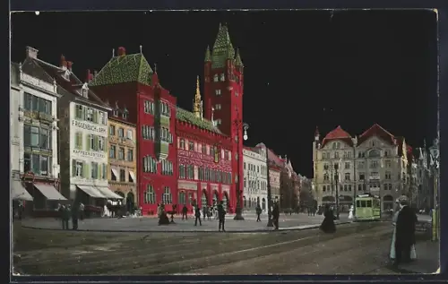 AK Basel, Rathaus mit Marktplatz und Strassenbahn bei Nacht