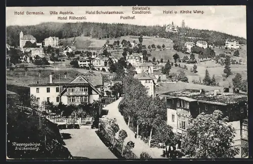 AK Brückenberg /Riesengebirge, Ortsansicht mit Hotel Germania und Kirche Wang