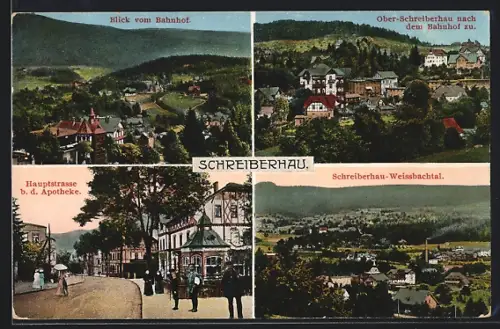AK Schreiberhau, Blick vom Bahnhof, Hauptstrasse b. d. Apotheke