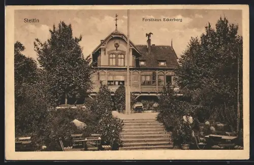 AK Stettin, Restaurant Forsthaus Eckerberg mit Garten