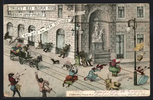 AK Triest, Passanten beim Lloyd-Palast bei Windgeschwindigkeit 87.3 km /h