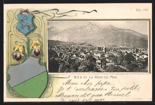 Präge-AK Bex, La Dent du Midi, Passepartout mit Wappen und Schwertlilien