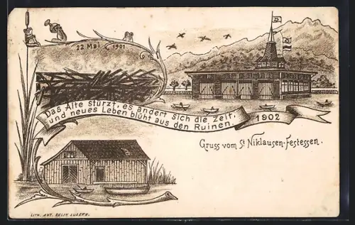 Künstler-AK Luzern, St. Niklausen-Festessen 1902, Festhalle und Bootshaus