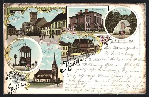 Lithographie Nakel a. d. Netze, Gymnasium, Kais. Postamt, Marktplatz und Evgl. Kirche