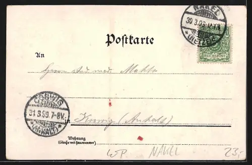 Lithographie Nakel a. d. Netze, Gymnasium, Kais. Postamt, Marktplatz und Evgl. Kirche