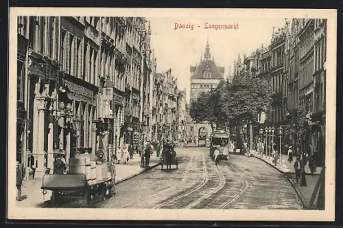 AK Danzig, Langermarkt mit Strassenbahn und Geschäften