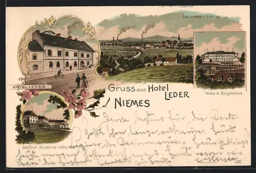 Lithographie Niemes, Hotel Leder, Volks- und Bürgerschule, Gräflich Hartig`sches Schloss