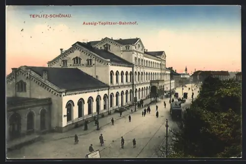 AK Teplitz-Schönau, Aussig-Teplitzer Bahnhof aus der Vogelschau