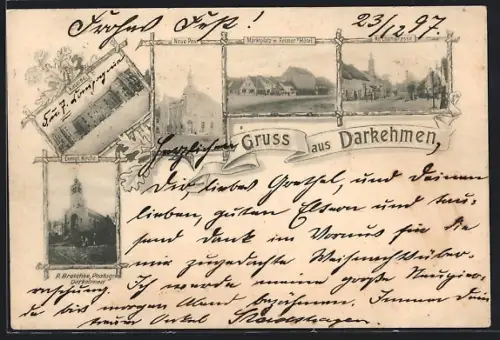 AK Darkehmen, Kaserne, Neue Post, Marktplatz mit Reimer`s Hotel und Kirchenstrasse