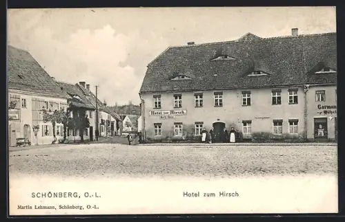AK Schönberg /O.-L., Hotel zum Hirsch, Bes. Moritz Hänsel