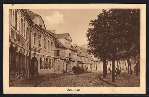 AK Züllichau, Strassenpartie mit Passanten