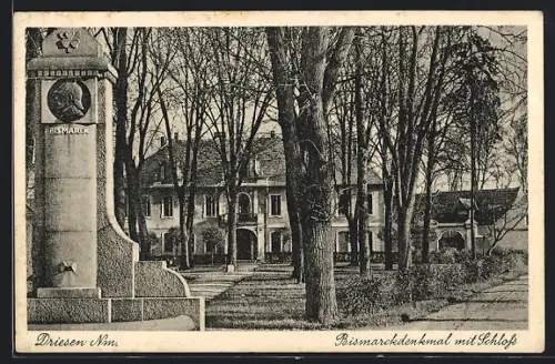 AK Driesen /Nm., Bismarckdenkmal mit Schloss