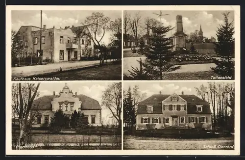 AK Kaiserswaldau, Kaufhaus, Pfarrhaus, Schloss Oberhof und Denkmal