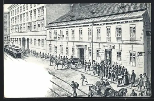 AK Wien, Quartier der Zeitung Weltblatt, Strassenbahn