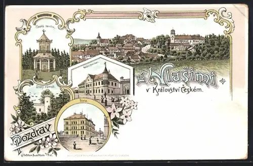 Lithographie Vlasim v Království Ceském, Starý zámek, Cínský pavilon, Skola, Knízeci hostinec