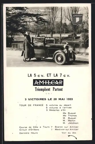 AK Cabriolet 5ev Amilcar, 3 Victoires le 28 Mai 1933
