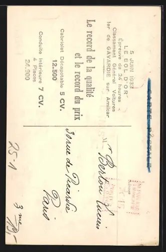 AK Cabriolet 5ev Amilcar, 3 Victoires le 28 Mai 1933