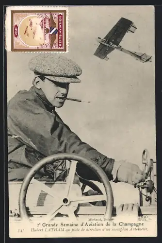AK Portrait Pilot Hubert Latham an seinem Flugzeug