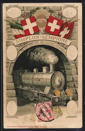 Lithographie Simplon, Eisenbahn verlässt einen Tunnel, Fahnen und Wappen