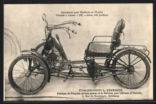 AK Orléans, Tricycle à moteur 1 HP, Fabrique de Tricycles en tous genres et de Voitures pour Infirmes et Malades