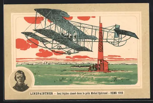 AK Reims, Lindpaintner, Seul biplan classé dans le prix Michel Ephrussi, 1910