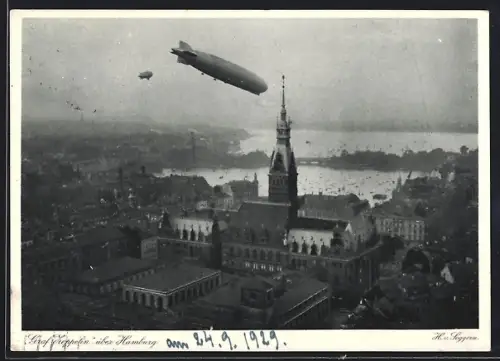 AK Hamburg, Luftschiff Graf Zeppelin über der Stadt