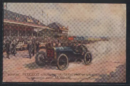 Künstler-AK Voiture Peugeot gagnant du Grand Prix de L`A. C. F. Graissée avec Mobiloil