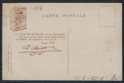 Künstler-AK Voiture Peugeot gagnant du Grand Prix de L`A. C. F. Graissée avec Mobiloil
