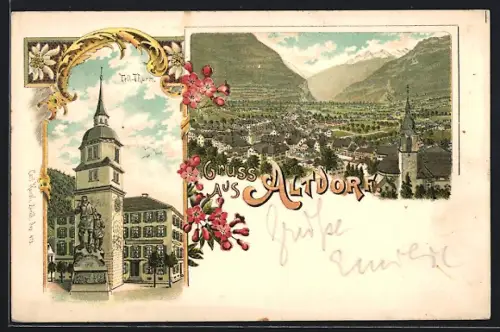 Vorläufer-Lithographie Altdorf / Uri, 1895, Tell-Thurm, Ortsansicht aus der Vogelschau