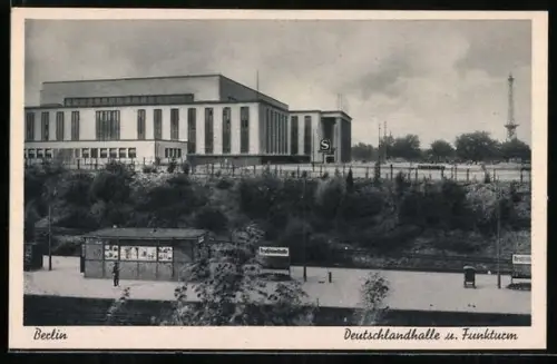AK Berlin-Charlottenburg, Bahnhof Deutschlandhalle, Funkturm