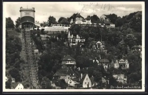 AK Dresden-Loschwitzhöhe, Blick auf den Gasthof und Schwebebahngleise