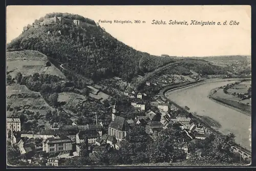 AK Königstein a. d. Elbe, Teilansicht mit Kirche und Festung